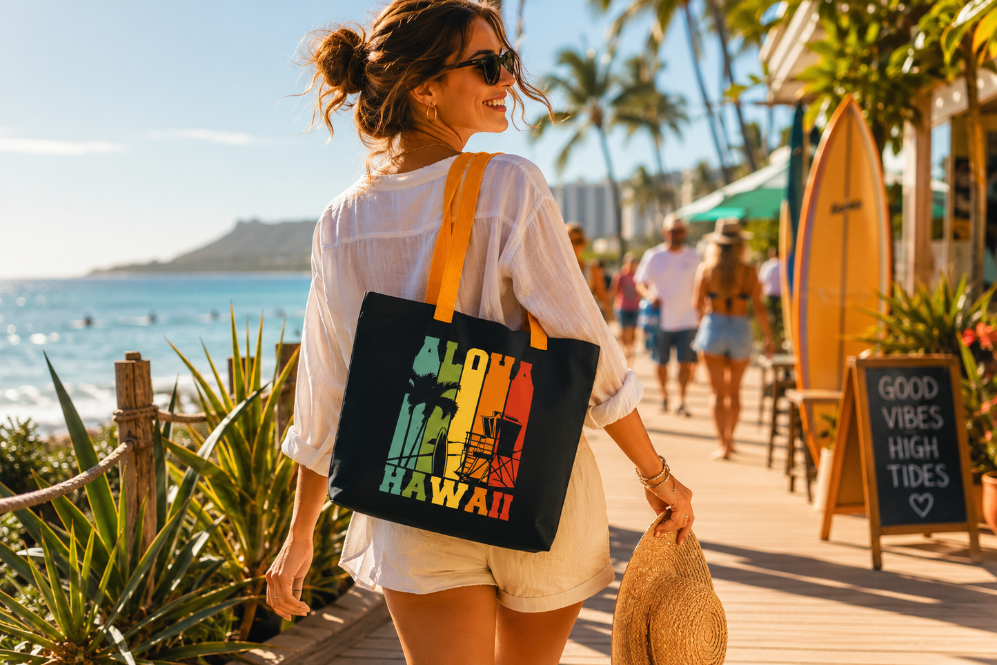 Woman walking on a beach boardwalk with a 'Good Vibes High Tides' sign in the background